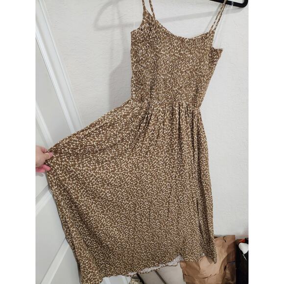 Sozy Aster Golden Brown Floral Stretchy Pocket Rayon Midi Dress Size M - Picture 5 of 6